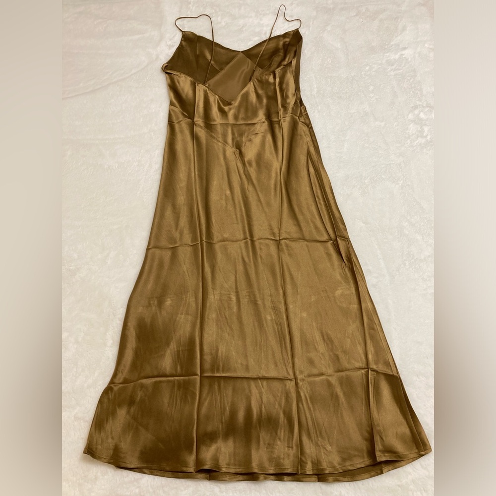 Satin Slip Midi Dress in Olive Brown — Women's - Picture 2 of 3